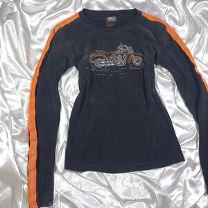 y2k Long Sleeve Top Black Good Rhinestone Motorcycle Biker Design Racing Stripe